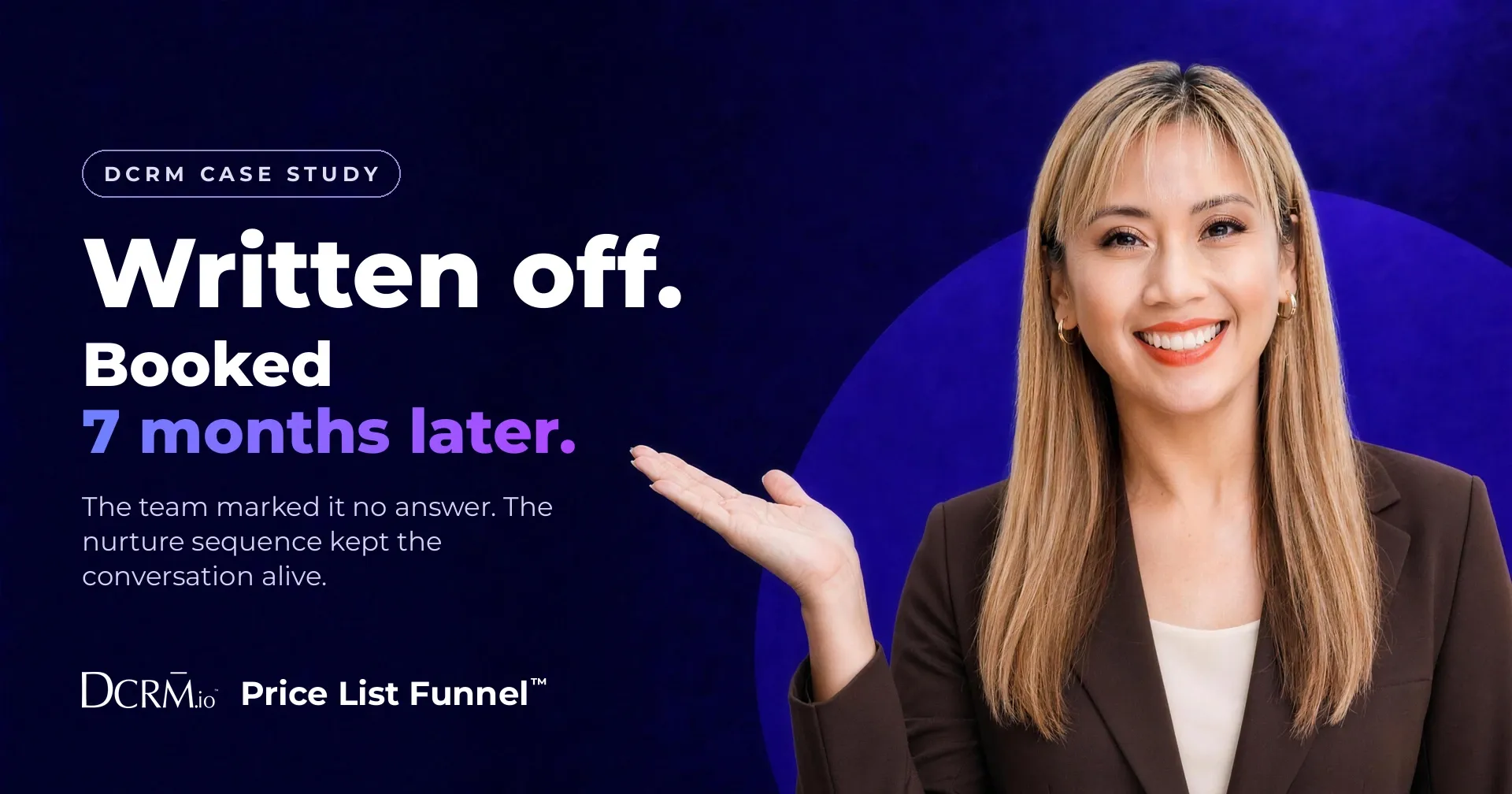 DCRM case study, Price List Funnel™: written off, booked 7 months later. The team marked it no answer. The nurture sequence kept the conversation alive.