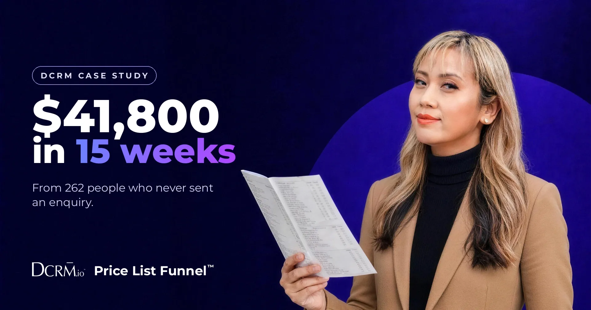 DCRM case study, Price List Funnel™: $41,800 in 15 weeks, from 262 people who never sent an enquiry.