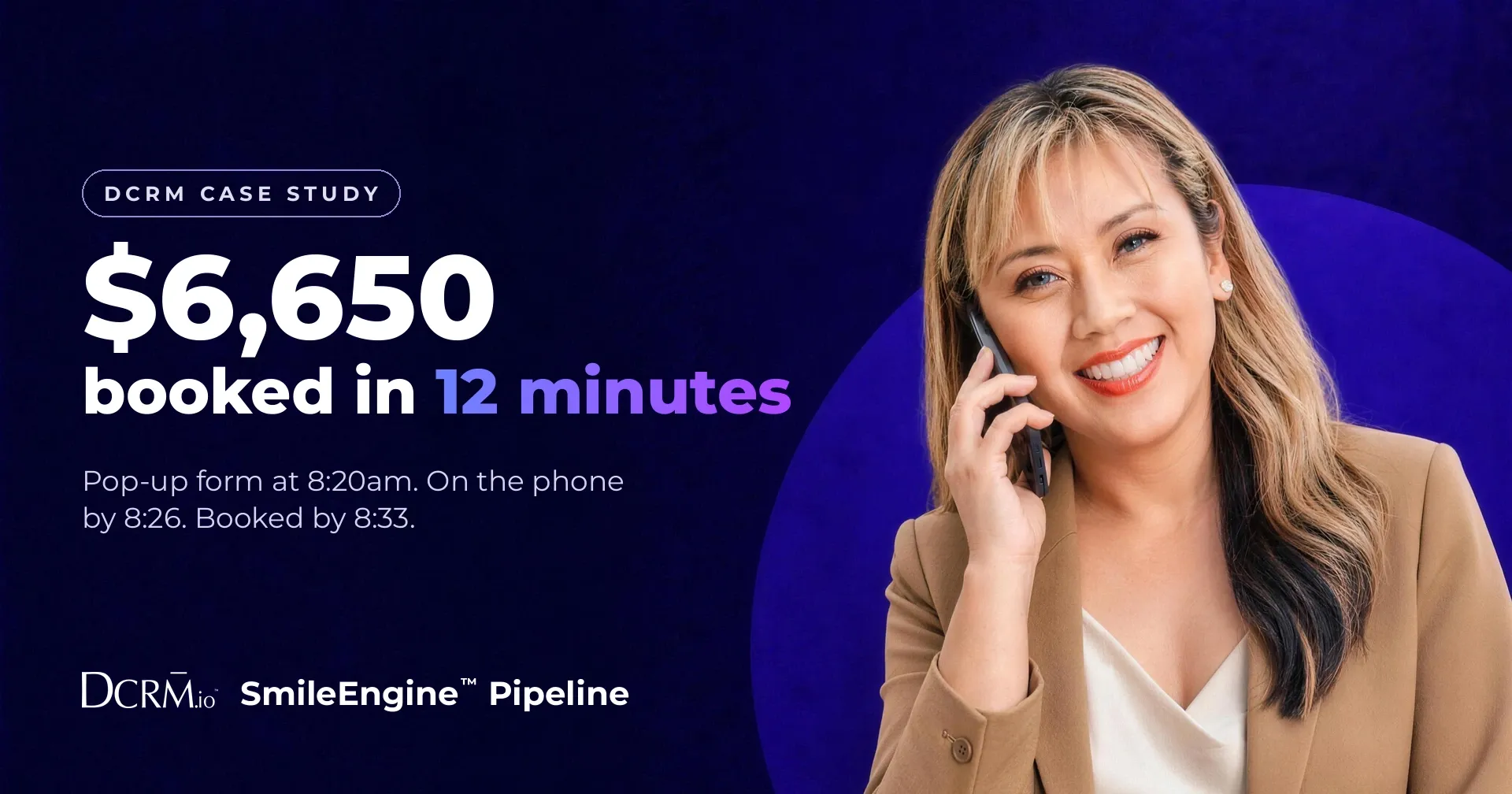 DCRM case study, SmileEngine™ Pipeline: $6,650 booked in 12 minutes. Pop-up form at 8:20am, on the phone by 8:26, booked by 8:33.